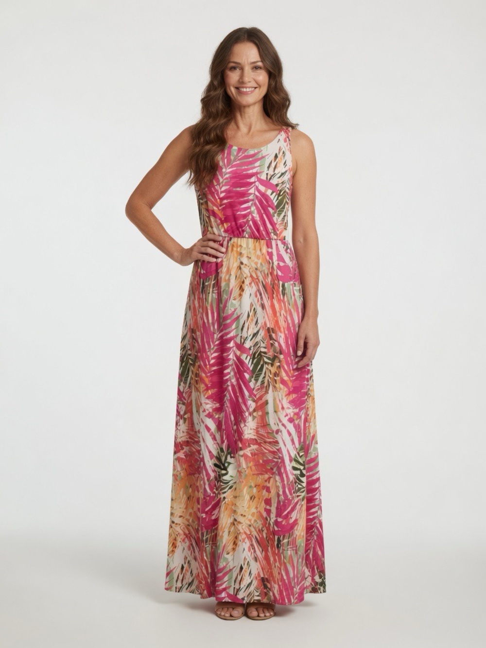 Sonoma Life+Style Maxi Dress XS Pink Green Orange Floral Sleeveless Scoop Neck